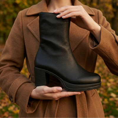 Bota Conforto em Pele Cano Médio Salto Valeria's