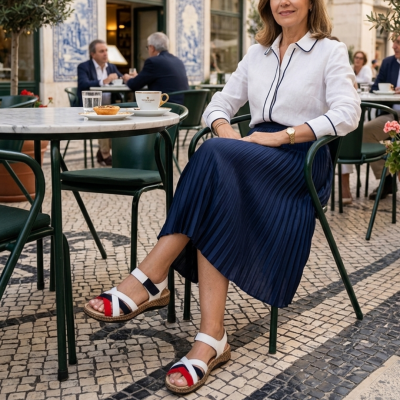Sandália Conforto em Pele com Largura Extra e Velcros Navy