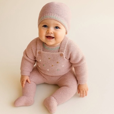 Jardineira Malha Pompons Coloridos (3 peças)