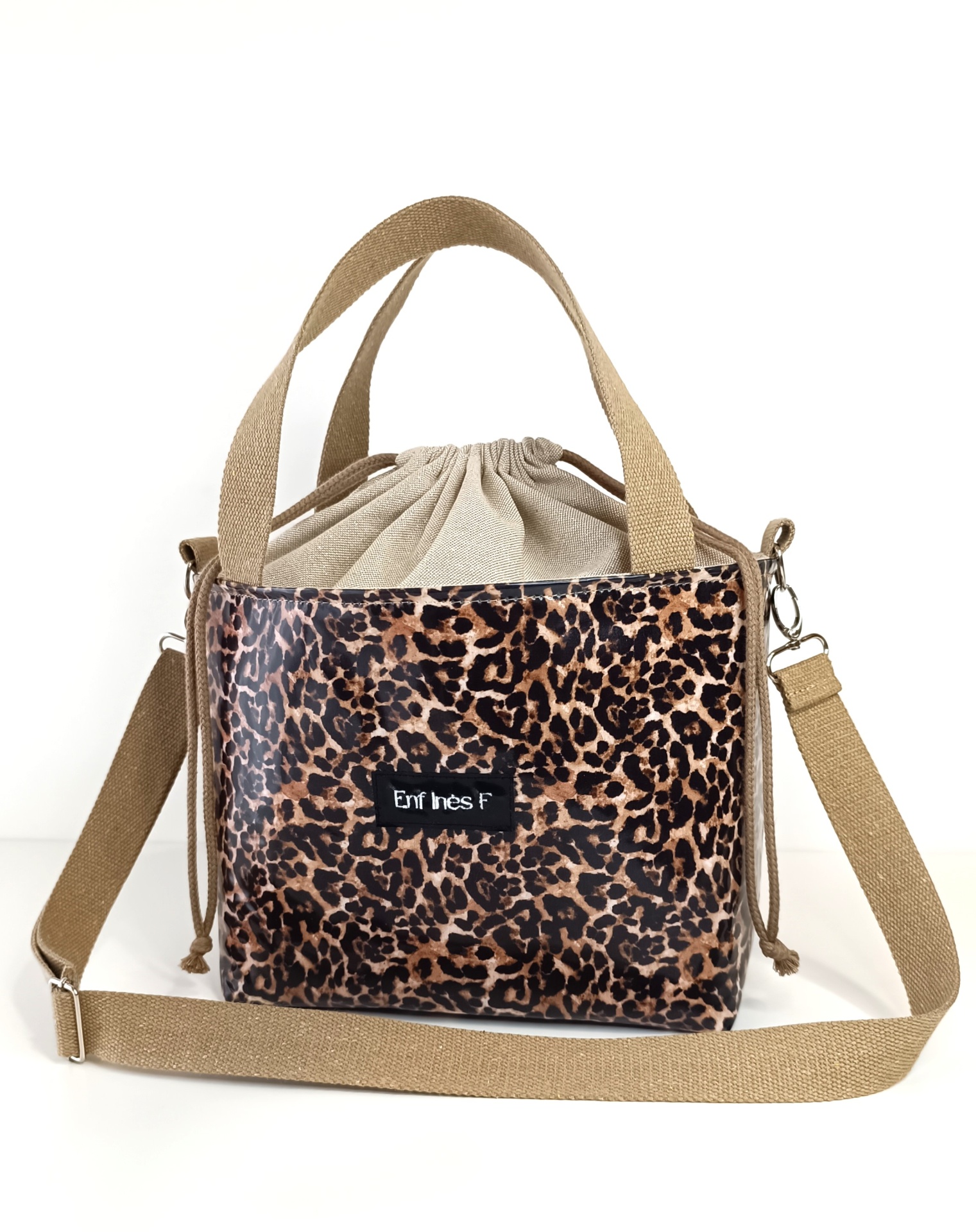 Lancheira térmica leopardo e linho bege + alças bege escuro