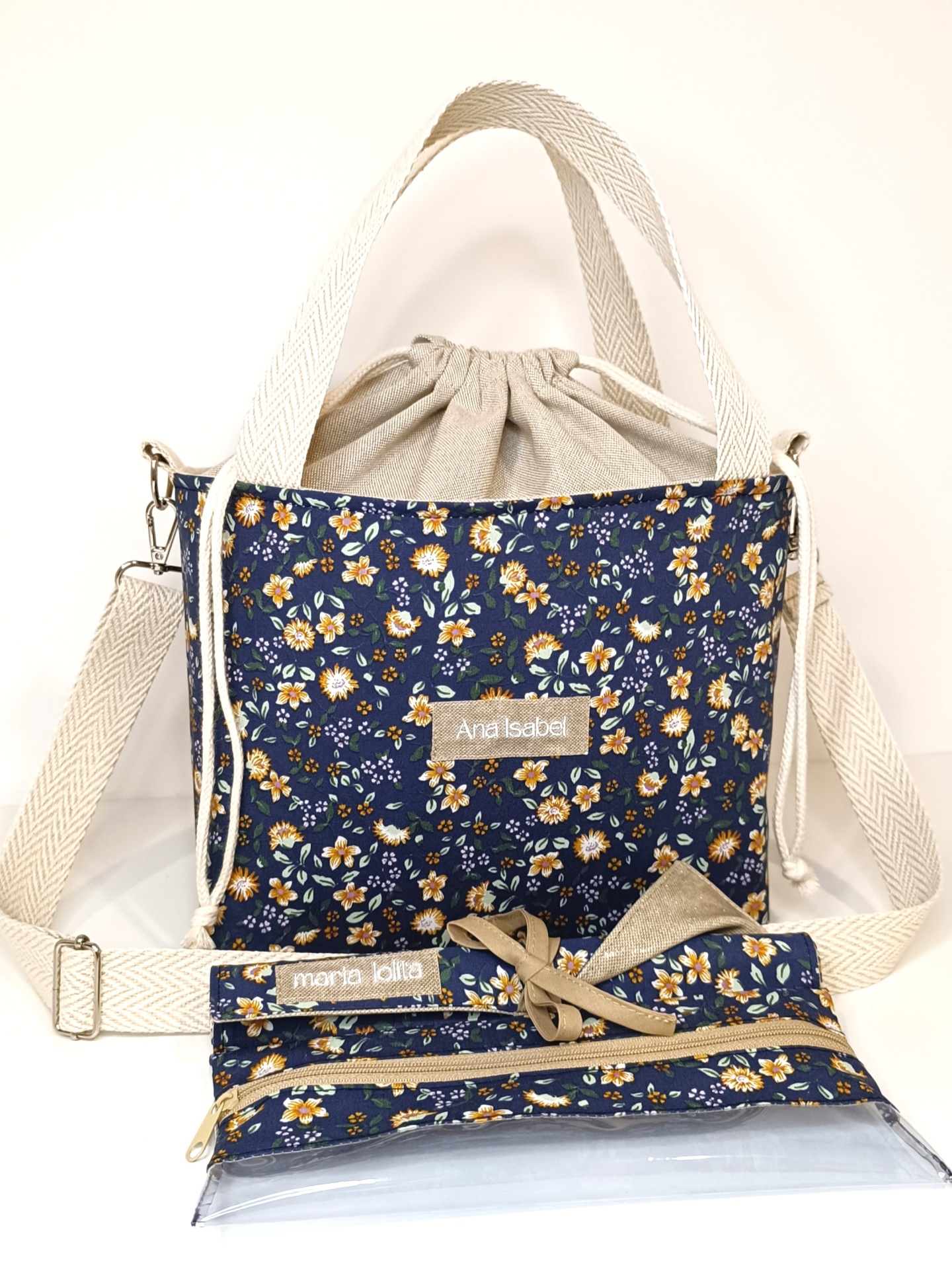 Lancheira térmica azul escuro e linho cru + alças cru espinhado