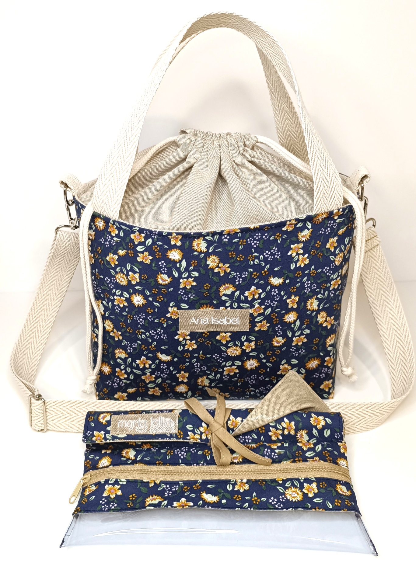 Lancheira térmica azul escuro e linho cru + alças cru espinhado