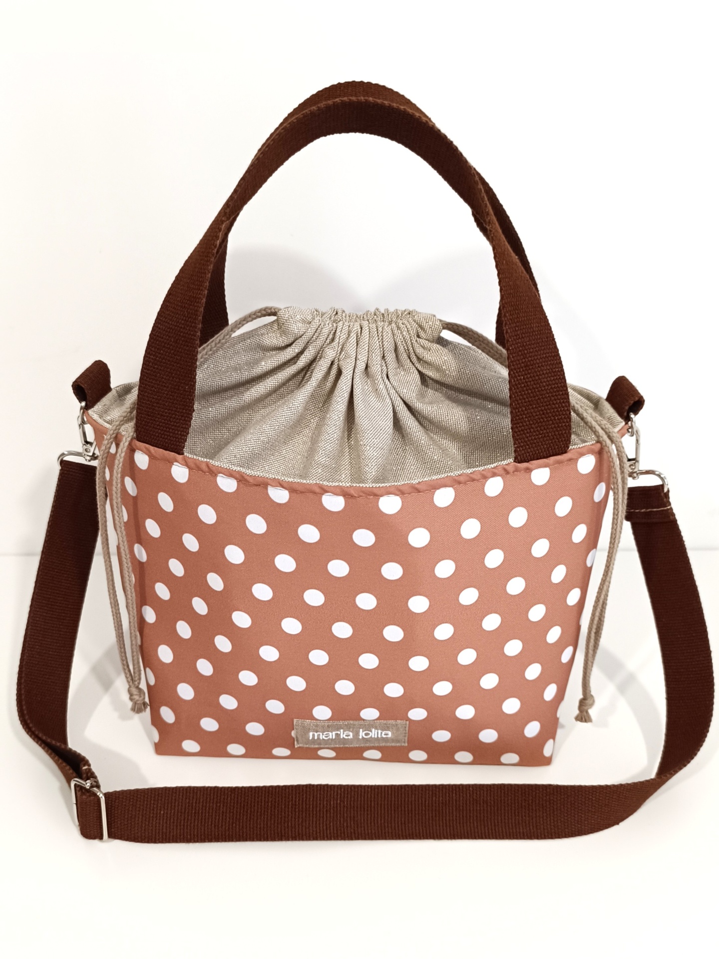 LANCHEIRA TÉRMICA BEGE ESCURO COM BOLAS