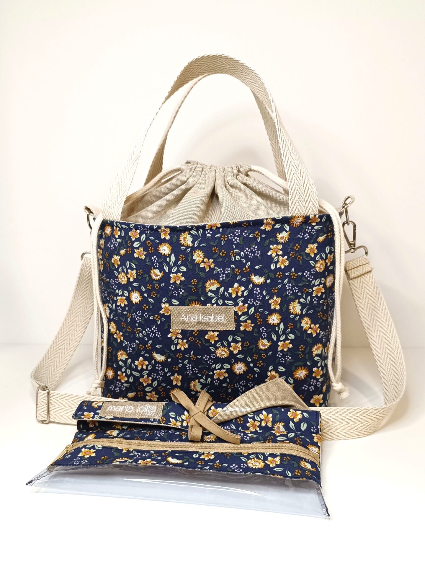 Lancheira térmica azul escuro e linho cru + alças cru espinhado