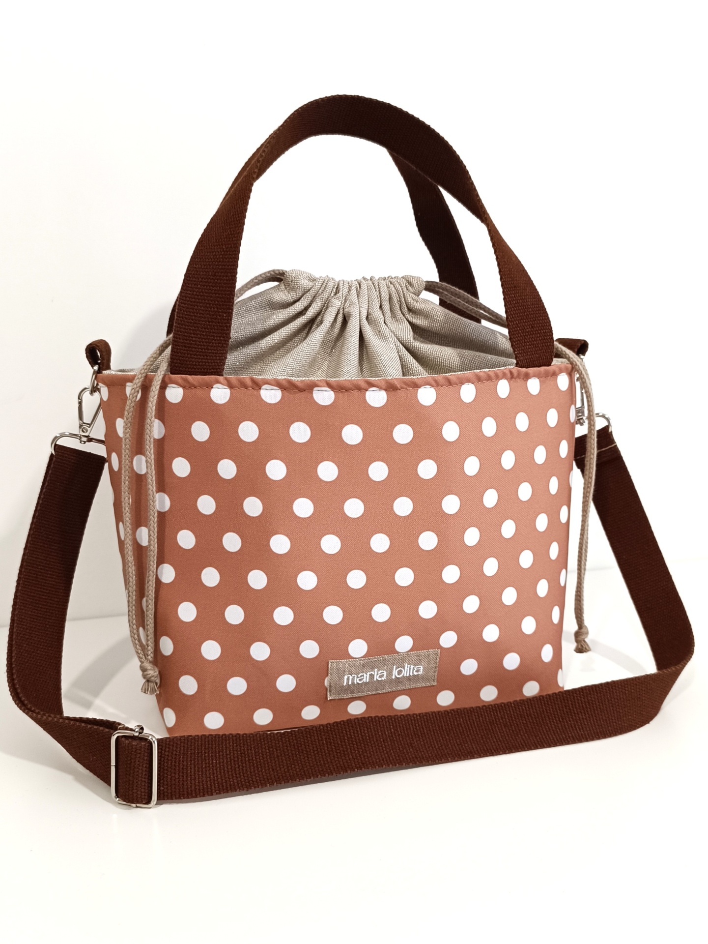 LANCHEIRA TÉRMICA BEGE ESCURO COM BOLAS