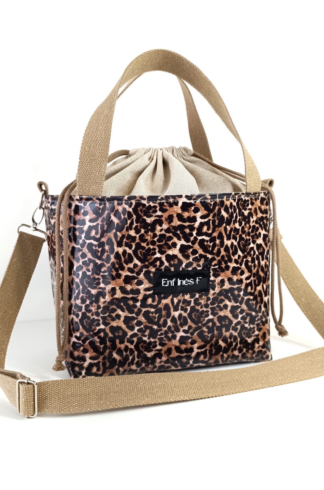 Lancheira térmica leopardo e linho bege + alças bege escuro