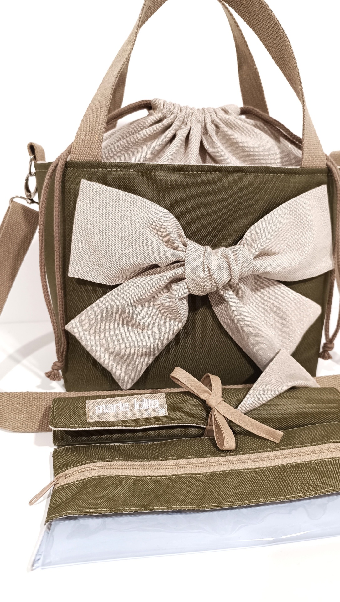 Lancheira térmica verde tropa e linho bege + alças bege escuro