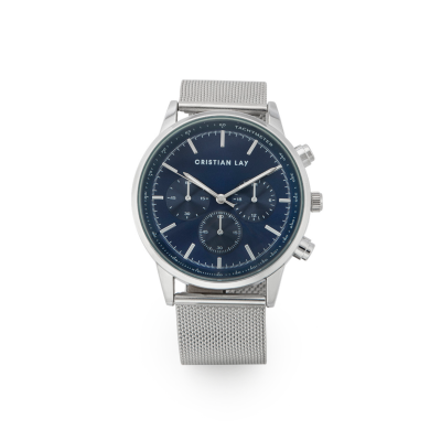 Cristian Lay | Relógio com correia milanesa e esfera azul