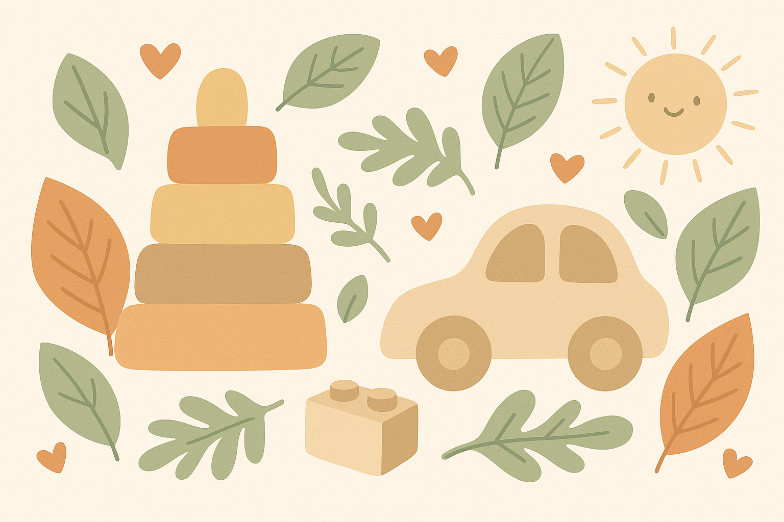 Ilustração de brinquedos de madeira, folhas e um sol sorridente