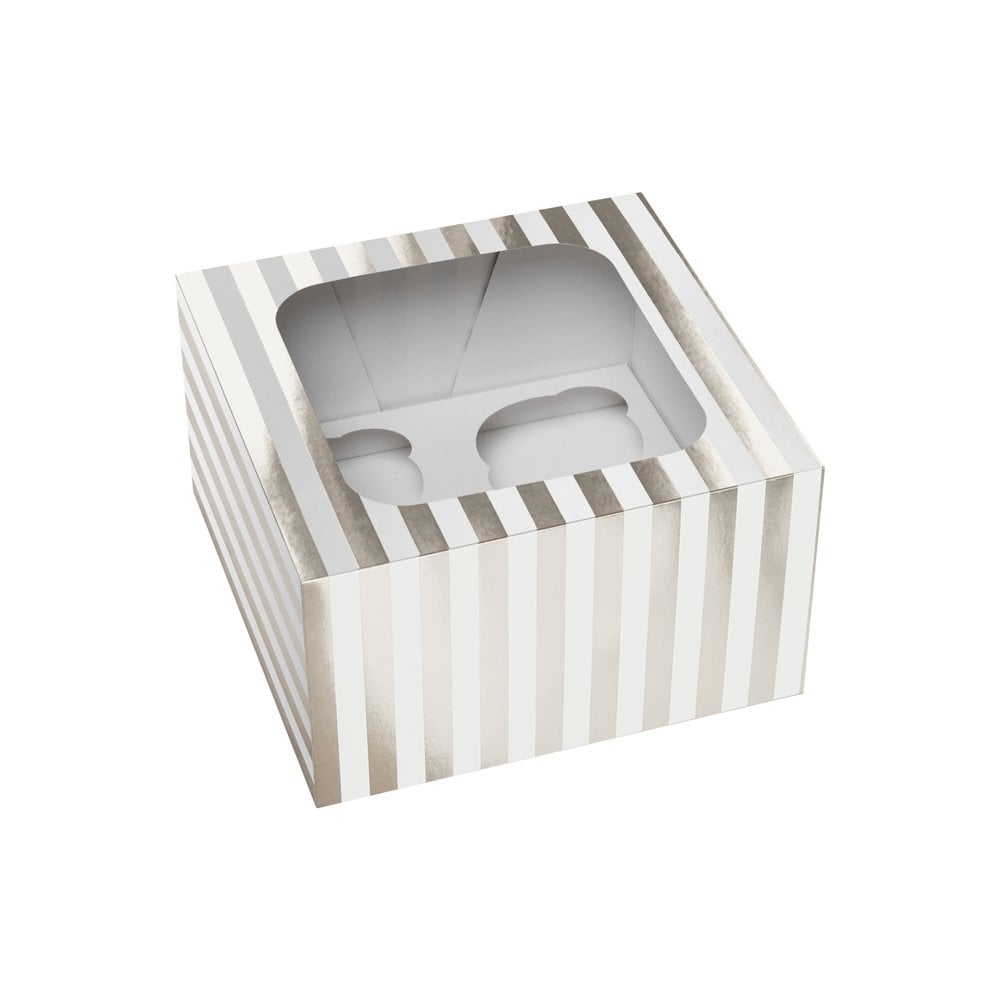 Caixa para 2 Cupcakes Branca e Prateada com Janela – 16 × 16 × 7,5 cm