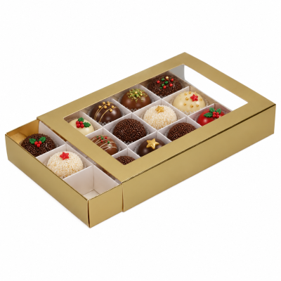 Caixa Dourada com Janela e 15 Divisórias para Bombons e Brigadeiros — 20 × 14 × 3,5 cm