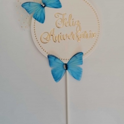 TOPO BOLO FELIZ ANIVERSARIO BORBOLETAS   22.5CM