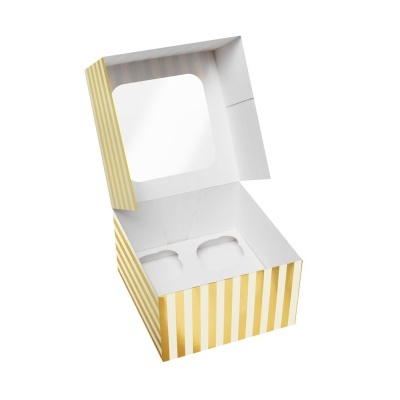 Caixa para 4 Cupcakes Branca e Dourada com Janela – 16 × 16 × 7,5 cm