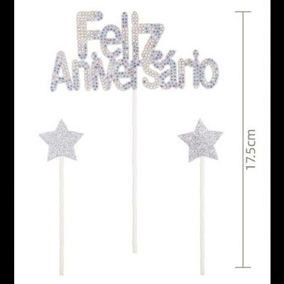 TOPO BOLO FELIZ ANIVERSARIO ESPELHO 3PCS 17.5CM