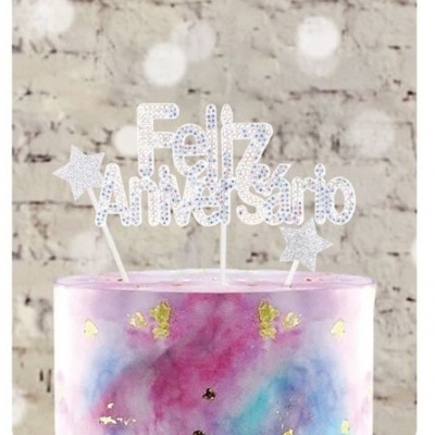 TOPO BOLO FELIZ ANIVERSARIO ESPELHO 3PCS 17.5CM