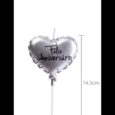VELA CORAÇÃO PRATEADO FELIZ ANIVERSARIO