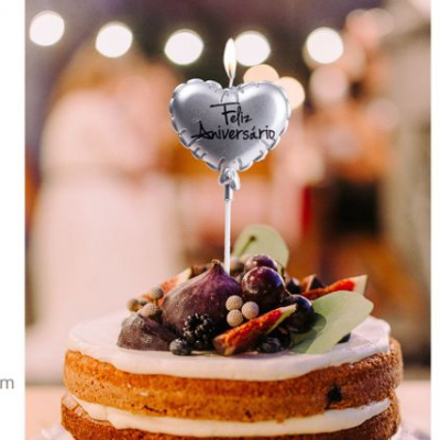 VELA CORAÇÃO PRATEADO FELIZ ANIVERSARIO