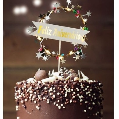 TOPO BOLO ESTRELA PRATA COM LUZ