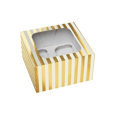 Caixa para 4 Cupcakes Branca e Dourada com Janela – 16 × 16 × 7,5 cm