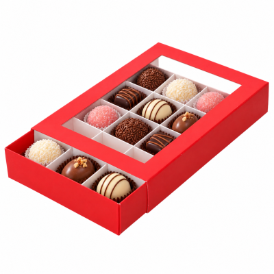 Caixa Vermelha com Janela e 15 Divisórias para Bombons e Brigadeiros — 20 × 14 × 3,5 cm