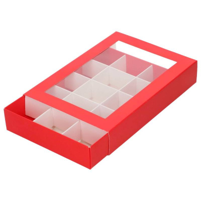 Caixa Vermelha com Janela e 15 Divisórias para Bombons e Brigadeiros — 20 × 14 × 3,5 cm