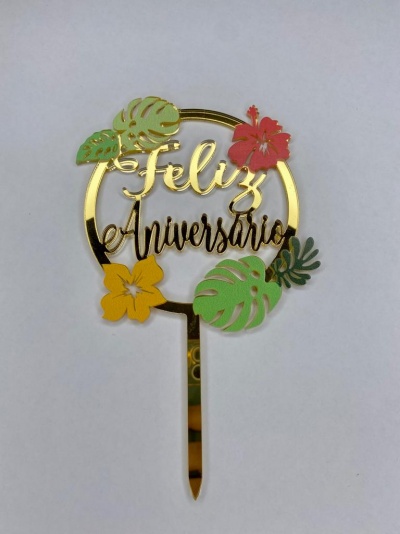 TOPO ANIVERSÁRIO ACRILICO C/ FLORES