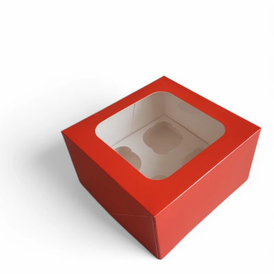Caixa para 4 Cupcakes Vermelha com Janela – 16 × 16 × 7,5 cm