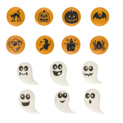 DECORAÇÕES AÇUCAR 2D FANTASMAS E ABOBORAS 2CM 72UNID. DECORAÇÕES AÇUCAR 2D FANTASMAS E ABOBORAS 2CM 72UNID.