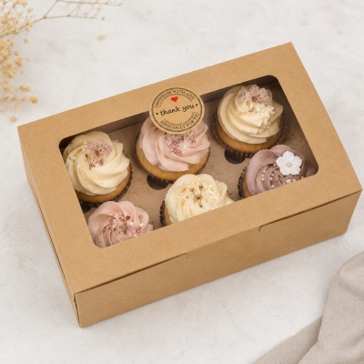 CAIXA KRAFT 6 CUPACAKES COM JANELA 24x16x7,5 CM