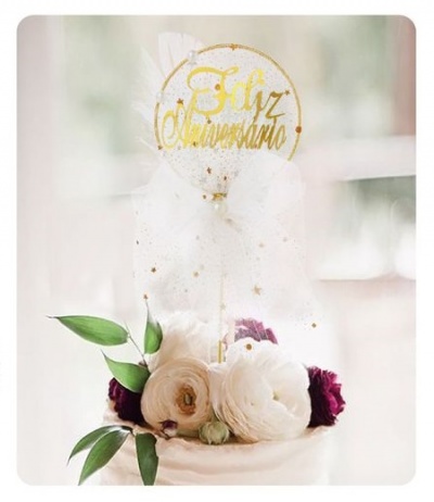 TOPO BOLO DOURADO FELIZ ANIVERSARIO 24CM