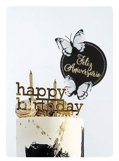 TOPO BOLO FELIZ ANIVERSARIO BORBOLETAS PRETAS 22.5CM TOPO BOLO FELIZ ANIVERSARIO BORBOLETAS PRETAS 22.5CM