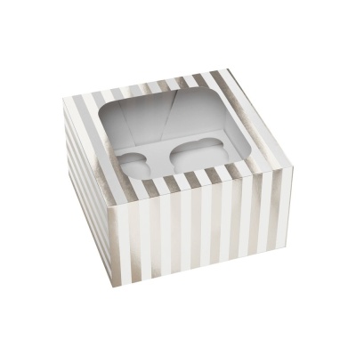 Caixa para 2 Cupcakes Branca e Prateada com Janela – 16 × 16 × 7,5 cm
