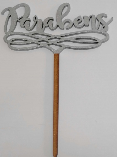 TOPO BOLO PARABENS PRATEADO 18CM MDF