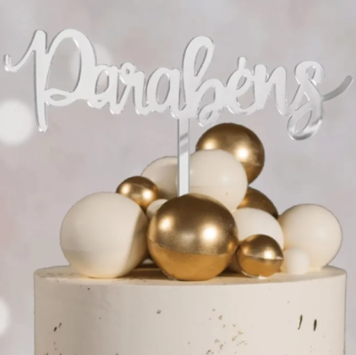 TOPO ACRILICO PARABENS PRATEADO 12.5CM