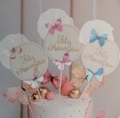 TOPO BOLO FELIZ ANIVERSARIO BORBOLETAS   22.5CM