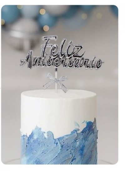 TOPO PRATA FELIZ ANIVERSARIO 18.5CM