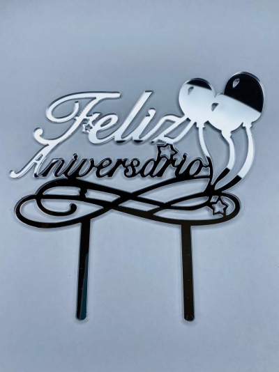 TOPO BOLO ACRILICO  FELIZ ANIVERSARIO PRATEADO