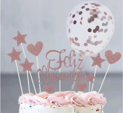 TOPO BOLO FELIZ ANIVERSARIO C\BALAO ROSA 11PCS