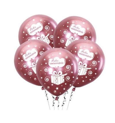 BALOES ROSA GOLD  FELIZ ANIVERSARIO 30CM 5PCS