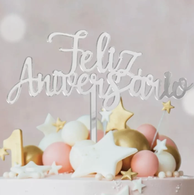 TOPO ACRILICO FELIZ ANIVERSÁRIO PRATEADO 13CM