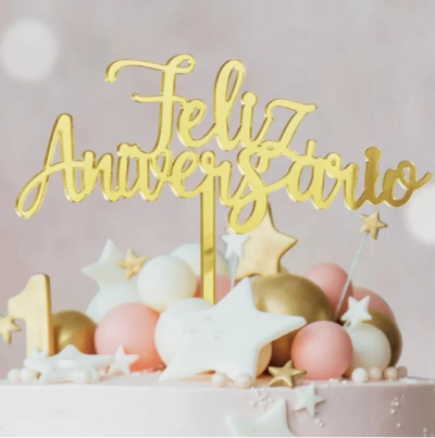TOPO ACRILICO FELIZ ANIVERSÁRIO DOURADO 13CM