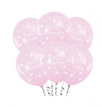 BALOES ROSA  FELIZ ANIVERSARIO 30CM 6PCS