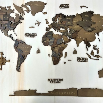 WorldMap - 3D - Castanho  - Países e Capitais em Inglês