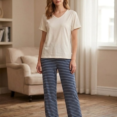 Pijama 100% algodão Meia Manga Riscas