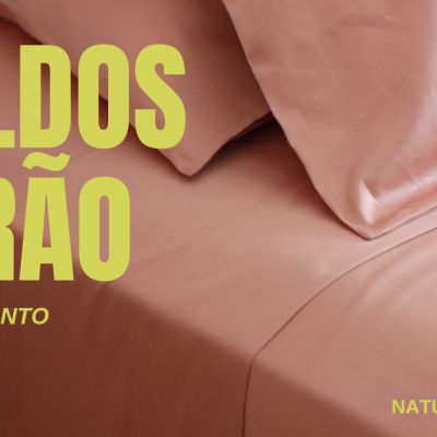 Lençóis de verão em rosa claro com texto a anunciar saldos de verão com até 50%