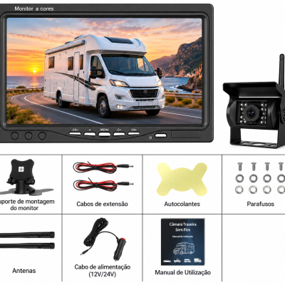 Kit Câmara Traseira Sem Fios 1080P com Monitor 7" e Deteção de Ângulo Morto