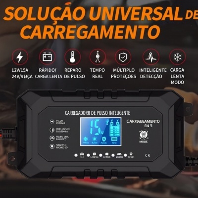 Carregador Inteligente NP@POWER Essential 15A – 220V → 12V/24V | LiFePO₄, AGM, GEL, SMF, e Chumbo