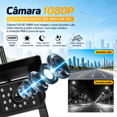 Kit Câmara Traseira Sem Fios 1080P com Monitor 7" e Deteção de Ângulo Morto