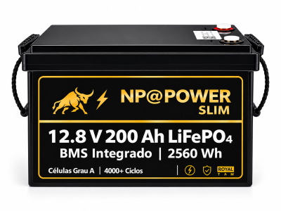 Bateria de Lítio LiFePO₄ NP@POWER SLIM 12.8V 200Ah – BMS 200A – 2560Wh