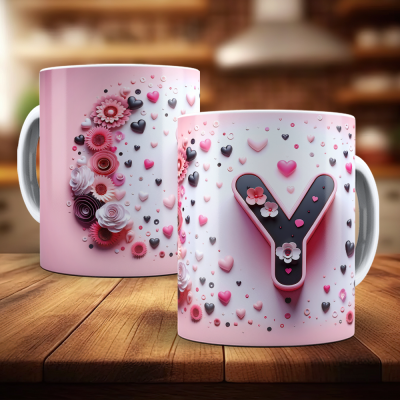 Caneca Alfabeto Floral Rosa